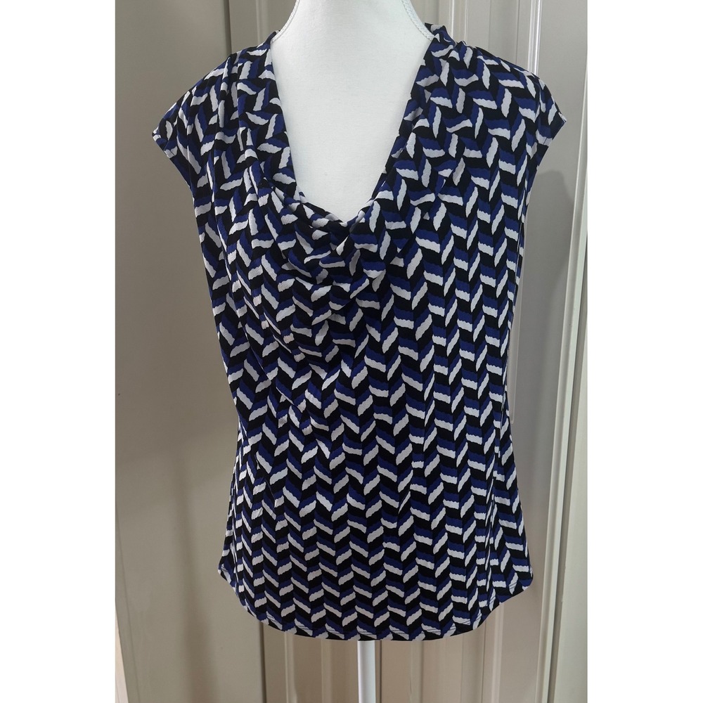Ann Taylor Blueโ Black White Pattern Cowl Neck Sleeveless Top Size Medium EUC